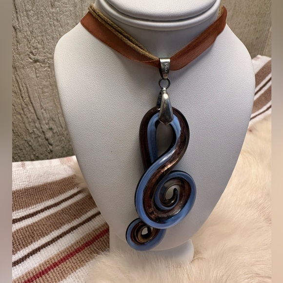 Jewelry - GLASS TREBLE - Blue and Brown Swirl Pendant Necklace